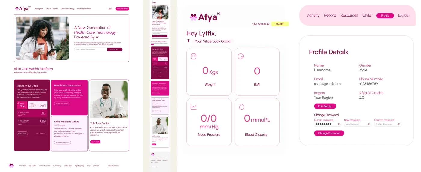 Afya 101 designs: desktop landing page, mobile landing page and member dashboard