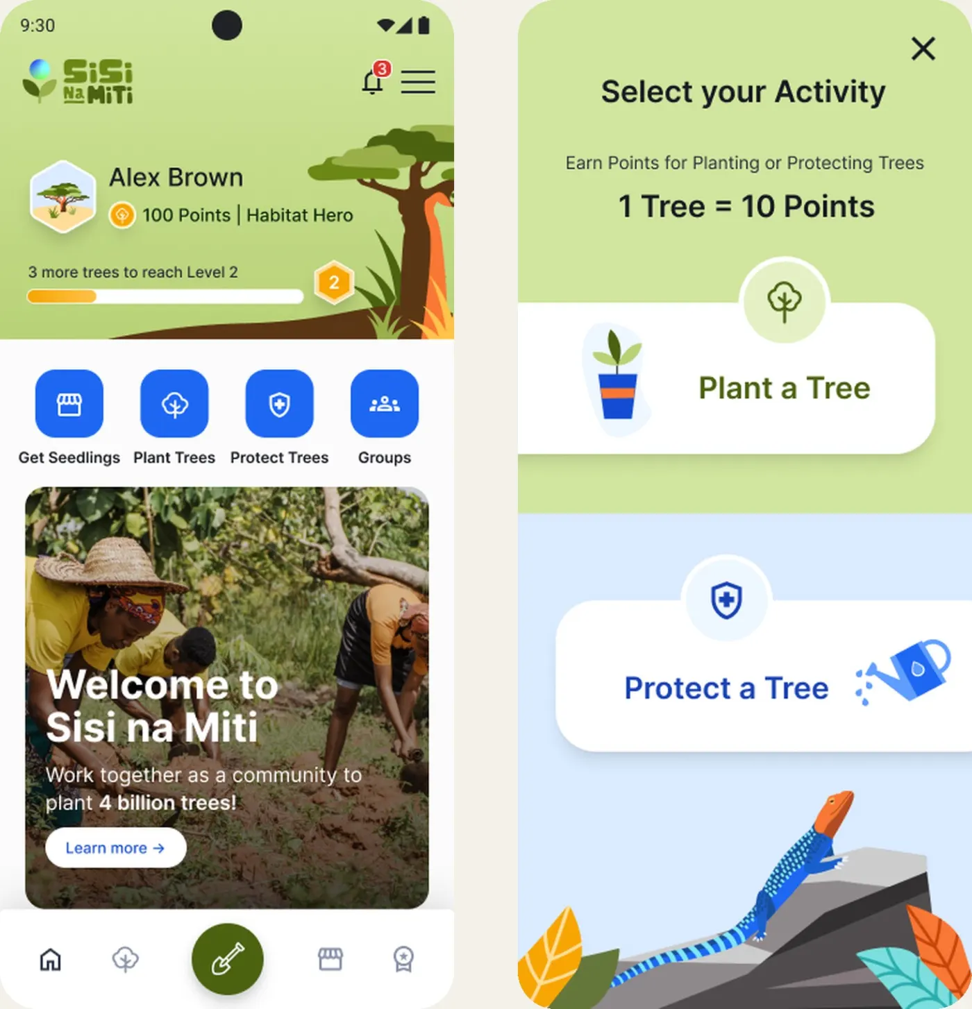 Sisi na Miti app home and activity screens